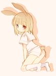  animal_ears bad_id bad_pixiv_id blonde_hair blue_eyes blush bunny_ears fukuji_mihoko heterochromia kazekoshi_school_uniform kemonomimi_mode no_panties red_eyes saki school_uniform serafuku short_hair socks solo tail tokumi_yuiko 