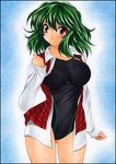  breasts competition_swimsuit green_hair kazami_yuuka large_breasts marker_(medium) one-piece_swimsuit open_clothes pastel_(medium) plaid plaid_vest red_eyes short_hair solo swimsuit swimsuit_under_clothes touhou traditional_media vest yadokari_genpachirou 