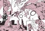  comic g.haruka injury kaname_madoka kyubey long_hair magical_girl mahou_shoujo_madoka_magica mechanization miki_sayaka monochrome multiple_girls sakura_kyouko school_uniform short_hair skirt sword tomoe_mami translated weapon what_if 