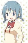  alternate_hairstyle blue_eyes blue_hair braid hair_ornament hairclip mahou_shoujo_madoka_magica miki_sayaka mitakihara_school_uniform open_mouth satoimoya school_uniform short_hair smile solo twin_braids 