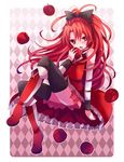  apple efu food fruit long_hair magical_girl mahou_shoujo_madoka_magica ponytail red_eyes red_hair sakura_kyouko solo thighhighs 