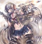  1girl bandages bayonet black_eyes black_hair bra casing_ejection cocking_gun commentary_request cz_75 dual_wielding ear_protection firing gloves gun handgun headset holding holding_gun holding_weapon holster lingerie locked_slide long_hair magazine_(weapon) magazine_ejection midriff miniskirt mouth_hold muzzle_flash navel original panzer_(p.z) rifle school_uniform serafuku shell_casing skirt solo thigh_holster thigh_strap thighhighs torn_bra torn_clothes torn_skirt trigger_discipline underwear very_long_hair weapon 