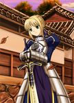  architecture armor armored_dress artoria_pendragon_(all) autumn bad_id bad_pixiv_id blonde_hair breastplate east_asian_architecture fate/stay_night fate_(series) faulds gauntlets green_eyes hair_ribbon leaf ribbon saber saver_(artbysaver) solo standing sword weapon 