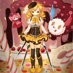 bad_id bad_pixiv_id beret blonde_hair boots breasts candy candy_cane charlotte_(madoka_magica) cookie detached_sleeves doughnut drill_hair fingerless_gloves food gloves gun hair_ornament hasetomo hat magical_girl magical_musket mahou_shoujo_madoka_magica medium_breasts pleated_skirt puffy_sleeves rifle skirt skirt_lift thighhighs tomoe_mami weapon yellow_eyes zettai_ryouiki 