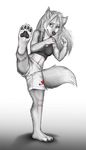  abs anakuro blue_eyes canine female fit fox grey hair hindpaw kick kickboxing looking_at_viewer martial_arts paws shorts solo sports_bra vixen white 