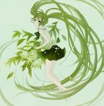  72_(nananatsu) bad_id bad_pixiv_id banned_artist bare_legs bare_shoulders barefoot flower full_body green_eyes green_hair hatsune_miku leaf long_hair simple_background sleeveless solo twintails very_long_hair vocaloid 