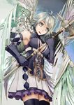  bad_id bad_pixiv_id bare_shoulders black_legwear cleavage_cutout gloves grey_eyes grey_hair halberd kibanda_gohan pixiv_fantasia pixiv_fantasia_5 polearm short_hair skirt solo thighhighs weapon wings zettai_ryouiki 