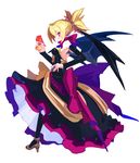  back backless_dress backless_outfit bangs bare_shoulders black_dress black_legwear black_wings blonde_hair blush bow bowtie breasts bright_pupils brooch closed_mouth demon_girl demon_wings detached_sleeves disgaea dress earrings from_side full_body gun hair_between_eyes hair_ornament hand_on_hip handgun harada_takehito high_heels high_ponytail highres holding holding_gun holding_weapon jewelry layered_dress legs_apart light_smile long_dress looking_at_viewer makai_senki_disgaea_2 medium_breasts official_art petticoat pink_bow pink_eyes pistol pointy_ears ponytail profile purple_bow ribbon ring rozalin sandals sash short_ponytail simple_background slit_pupils smile solo spiked_hair standing strapless strapless_dress strappy_heels trigger_discipline weapon white_background wings yellow_bow 