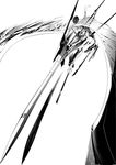  foreshortening giba_(out-low) greyscale highres lance mechanical_wings monochrome original polearm ponytail simple_background solo weapon wings 