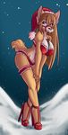  bikini bridle cleavage corgi female hat high_heels mistletoe santa_hat skimpy snow solo spazzykoneko winter xmas 