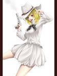  bad_id bad_pixiv_id blonde_hair cowboy_hat gun hat highres mochi.f original pillarboxed red_eyes short_hair smoke smoking_gun solo weapon western 