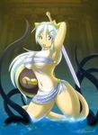  animal_ears breasts jessica_elwood_(artist) large_breasts open_mouth purple_eyes shield solo sword tail weapon white_hair 