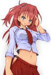  adjusting_hair asou_yuma black_panties blue_eyes blush hand_in_hair highres long_hair midriff navel naz necktie one_side_up open_fly original panties red_hair school_uniform shirt simple_background smile solo taut_clothes taut_shirt underwear unzipped 