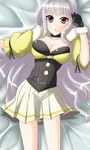 breasts choker cleavage dress gloves hairband highres himo idolmaster idolmaster_(classic) large_breasts long_hair on_bed pleated_skirt purple_eyes shijou_takane silver_hair skindentation skirt solo 