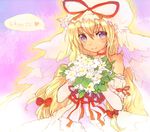  bare_shoulders blonde_hair bouquet bow choker dress flower gloves hair_bow hat long_hair purple_eyes sankuma simple_background smile solo speech_bubble touhou wedding_dress white_gloves yakumo_yukari 