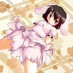  animal_ears bloomers blush brown_eyes bunny_ears dress dress_lift dutch_angle from_below inaba_tewi sesield short_hair solo touhou underwear upskirt 