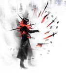  black_coat black_gloves black_hair black_hat card dagger fedora floating floating_object from_side full_body gloves glowing glowing_weapon hat long_coat long_sleeves mask pixiv_fantasia pixiv_fantasia_5 red_eyes solo stabbed standing sword taka_(frostbite) weapon 