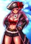  arm_garter belt boken_fantasy bow breasts bustier captain_liliana cleavage coat frills hands_on_hips hat jolly_roger lingerie medium_breasts midriff miniskirt navel pink_eyes pink_hair pirate_hat pleated_skirt queen's_blade queen's_blade_rebellion skirt skull_and_crossed_swords smile solo thighs underwear 
