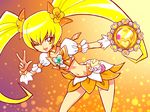  blonde_hair bow brooch choker cure_sunshine dress earrings flower hair_flower hair_ornament hair_ribbon heart heartcatch_precure! instrument jewelry long_hair magical_girl midriff myoudouin_itsuki navel omochi100ko one_eye_closed precure ribbon smile solo tambourine twintails v wrist_cuffs yellow_eyes 