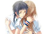  1girl ^_^ artist_request black_hair brown_hair closed_eyes closed_mouth couple from_behind game_cg hetero hug kinose_azusa simple_background starry_sky_(game) sweatband upper_body white_background yahisa_tsukiko 