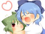  :&lt; ^_^ animal_ears blue_hair blush bow cat_ears chibi cirno closed_eyes fang green_hair hair_bow highres hug kazami_yuuka kemonomimi_mode multiple_girls one_eye_closed open_mouth red_eyes shii_(cocoa) shirt short_hair touhou white_shirt 