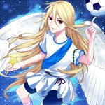  afuro_terumi artist_request ball bike_shorts blonde_hair inazuma_eleven inazuma_eleven_(series) long_hair male male_focus red_eyes sash smile soccer_ball solo star tunic wings 