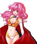  armpits bad_id bad_pixiv_id bakuretsu_hunters blush breasts cape cleavage crop_top gloves large_breasts long_hair mi_(959351) midriff navel pink_hair red_cape red_eyes simple_background smile solo tira_misu white_gloves 