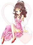  blue_eyes blush breasts brown_hair cleavage dress high_heels highres jewelry long_hair necklace panties pantyshot pink_dress pokemon pokemon_(game) pokemon_black_and_white pokemon_bw ponytail shoes sitting smile touko_(pokemon) underwear white_(pokemon) 