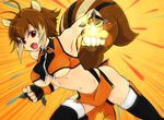  animal_ears antenna_hair bad_id bad_pixiv_id blazblue boots breasts brown_hair gloves incoming_punch makoto_nanaya medium_breasts midriff navel orange_skirt punching red_eyes revealing_clothes skirt solo soumendaze squirrel_ears squirrel_tail tail thigh_boots thighhighs tonfa underboob weapon 