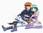  aqua_hair arm_grab belt blue_eyes blush boots canal_vorfeed cape choker couple energy_sword fingerless_gloves gloves happy headband hug kane_blueriver legs_crossed lightsaber lost_universe maid purple_eyes red_hair see-through short_hair sitting smile sword weapon 