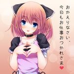  black_ribbon blue_eyes blush bow chiri_(atlanta) chiriko_(atlanta) collar collarbone hair_bow hair_ribbon head_tilt highres looking_at_viewer open_mouth original red_hair ribbon short_hair smile solo steepled_fingers translated 