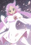  ahoge blue_eyes brooch cherry_blossoms choker dress face flower gloves haganemaru_kennosuke heart heartcatch_precure! heterochromia jewelry lavender_hair long_hair magical_girl mugen_silhouette open_mouth petals pink_choker precure purple_eyes scarf solo thighhighs twintails 