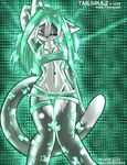  2005 cat cleavage feline female green_hair grey looking_at_viewer midriff one_eye_closed skimpy solo standing tailsrulz wide_hips 