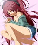  bare_legs bare_shoulders barefoot blush curled_up dr._cryptoso face feet food highres long_hair lying mahou_shoujo_madoka_magica md5_mismatch mouth_hold off_shoulder on_side open_clothes open_shirt pocky ponytail red_eyes red_hair sakura_kyouko shirt shorts solo 