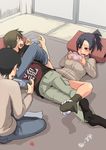  2boys black_hair blush brown_hair clothed_sex clothes_writing denim handheld_game_console holding_handheld_game_console jeans kotatsu long_hair lying monster_hunter multiple_boys multitasking open_mouth panties panties_around_one_leg pants pillow playing_games playstation_portable ryou sex shijuuhatte signature sitting stealth_sex table tatami translated under_kotatsu under_table underwear 