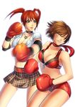  2girls battle beating bikini_top boxing breasts brown_hair candy_cane_(rumble_roses) choker cleavage green_eyes hinomoto_reiko hot_pants multiple_girls red_hair rumble_roses school_uniform shirt short_shorts shorts skirt 