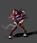  absurdres artist_request fingerless_gloves gloves green_eyes gun highres long_hair red_hair shoes short_shorts shorts sneakers solo weapon zombie_online 
