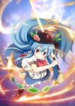  blue_hair danmaku food fruit hat highres hinanawi_tenshi long_hair massala peach red_eyes solo sword sword_of_hisou touhou weapon 