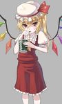  ascot bad_id bad_pixiv_id blonde_hair blood cup drinking drinking_straw flandre_scarlet hat mofu red_eyes short_hair side_ponytail slit_pupils solo touhou vampire wings 