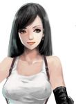  black_hair breasts brown_eyes earrings elbow_gloves female final_fantasy final_fantasy_vii gloves jewelry long_hair solo suspenders tank_top tanktop tetsuko_(jukai) tifa_lockhart white_background 