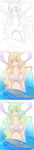  alternate_hair_color blonde_hair blue_eyes breasts breasts_apart chigusa_suzume earrings fish green_hair hair_ornament head_tilt highres jewelry large_breasts long_hair long_image looking_at_viewer mermaid midriff monster_girl one_piece parted_lips ribbon scales seashell shell shirahoshi sitting sketch tail tall_image water 