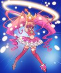  armpits arms_up blue_background blue_eyes bow brooch cure_melody curly_hair dress frills full_body hair_ribbon highres houjou_hibiki jewelry long_hair magic magical_girl midriff miracle_belltier navel no_mouth okera pink_bow pink_hair precure red_legwear ribbon shoes solo suite_precure thighhighs twintails wand zettai_ryouiki 