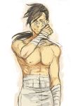  bak bandages black_hair chest fullmetal_alchemist ling_yao long_hair male_focus sarashi shirtless sketch solo 