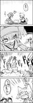  4koma comic greyscale hat highres himekaidou_hatate inubashiri_momiji kawashiro_nitori key monochrome multiple_girls ragequit shameimaru_aya tail tani_takeshi tokin_hat touhou translated two_side_up yukkuri_shiteitte_ne 