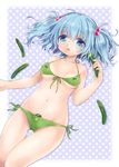  bad_id bad_pixiv_id bikini blue_eyes blue_hair breasts cucumber front-tie_top hair_bobbles hair_ornament kappa kawashiro_nitori konayama_kata navel open_mouth polka_dot polka_dot_background short_twintails side-tie_bikini small_breasts solo swimsuit touhou twintails two_side_up underboob 