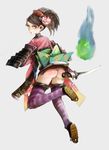  armor ass bad_id bad_pixiv_id brown_eyes brown_hair comb flower fundoshi hair_flower hair_ornament ils_(magnetik) japanese_clothes kimono looking_back momohime oboro_muramasa purple_legwear short_kimono solo striped striped_legwear sword thighhighs weapon 