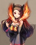  bare_shoulders breasts brown_hair cosplay detached_sleeves dress emboar emboar_(cosplay) fire gen_5_pokemon grin hairband idolmaster idolmaster_(classic) long_hair medium_breasts minase_iori pointing pokemon pos red_eyes smile solo uneven_eyes 