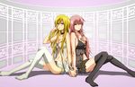  blonde_hair blue_eyes breasts cleavage holding_hands large_breasts legs lily_(vocaloid) lingerie long_hair long_legs medium_breasts megurine_luka midriff multiple_girls navel no10 open_clothes open_shirt pink_hair see-through shirt sitting skirt thighhighs thighs underboob underwear vocaloid yuri zettai_ryouiki 