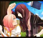  1girl black_eyes black_hair blush book day estellise_sidos_heurassein gloves green_eyes hand_on_hip long_hair nakamura_hiro_(nobody10ch) nervous open_clothes open_shirt pink_hair shirt short_hair sky smile tales_of_(series) tales_of_vesperia tree yuri_lowell 