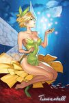  1girl barefoot blonde_hair breasts cleavage disney dress fairy peter_pan peter_pan_(disney) pixiv pixiv_thumbnail resized short_hair solo tinker_bell_(disney) tinkerbell wings 